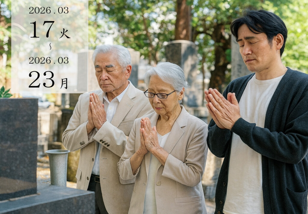 堺市で春のお彼岸にお墓参りをして供養する家族の様子