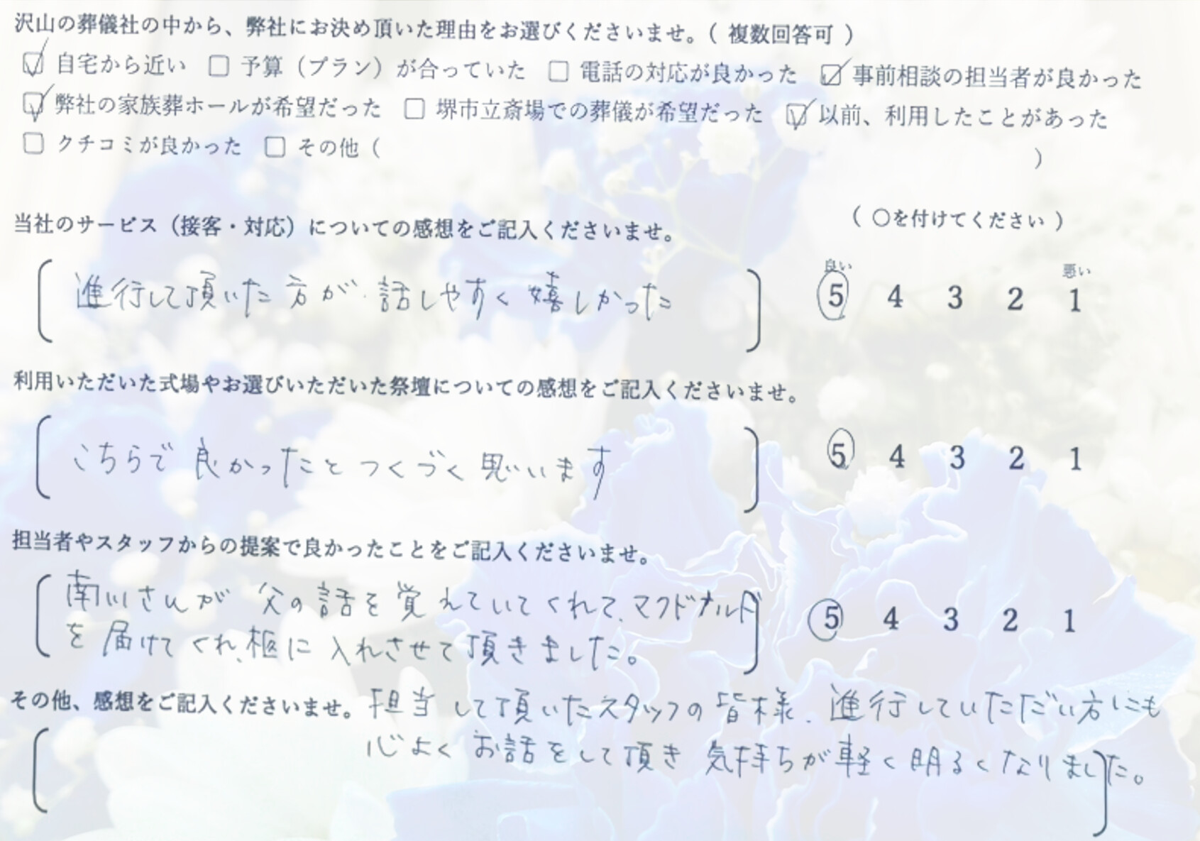 堺市北区 一日葬 お客様の声