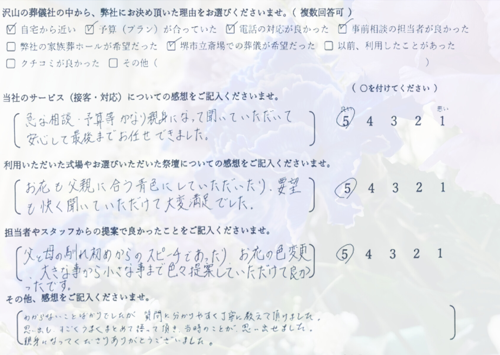 堺市堺区で家族葬を行ったご家族から寄せられた、葬儀の感想や体験談を紹介するお客様の声の画像です。