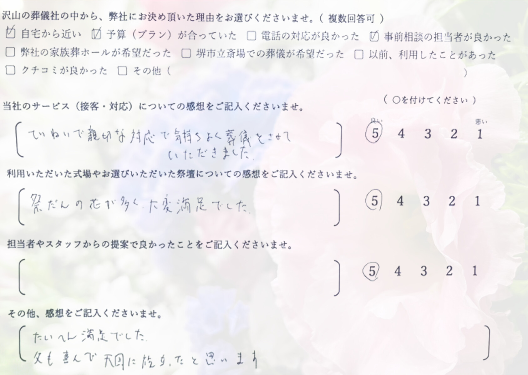堺市堺区で家族葬を行ったご家族から寄せられた、葬儀の感想や体験談を紹介するお客様の声の画像です。