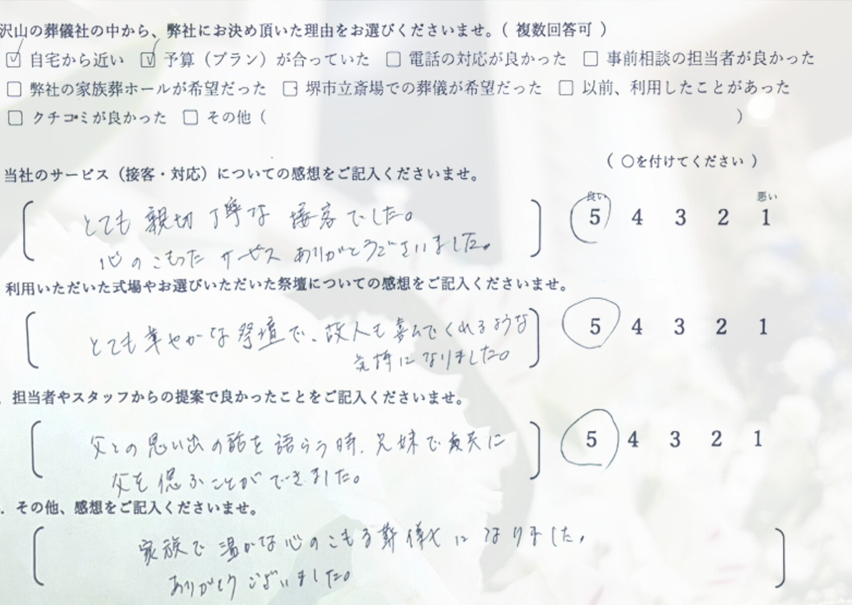 堺市北区で一日葬を行ったご家族から寄せられた、葬儀の感想や体験談を紹介するお客様の声の画像です。