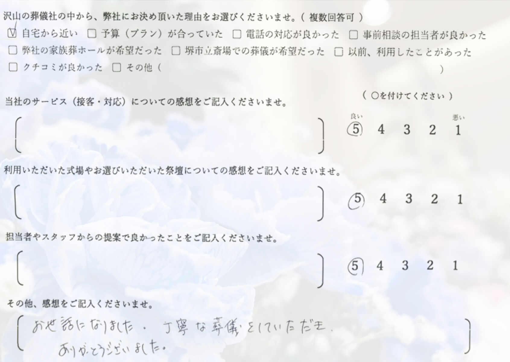 堺市堺区で行われた一日葬について、ご家族から寄せられた感想やお客様の声を紹介するための案内画像です