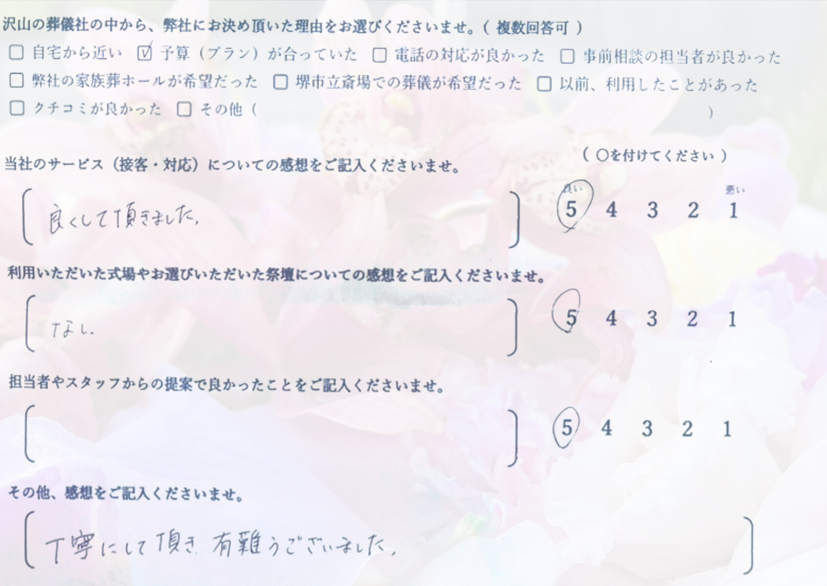 堺市北区で直葬を行ったご家族から寄せられた、対応や進行に関する感想を紹介するお客様の声の画像です。