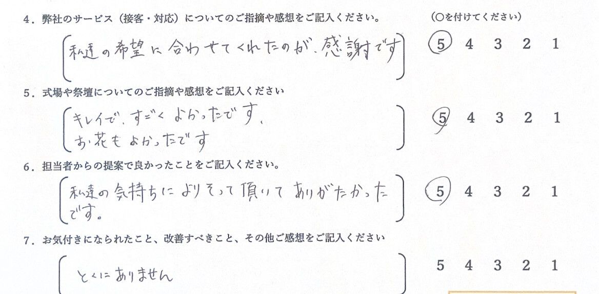 堺市立斎場にて家族葬を執り行い、穏やかな雰囲気の中で故人を見送るご家族の様子が伝わるアンケート