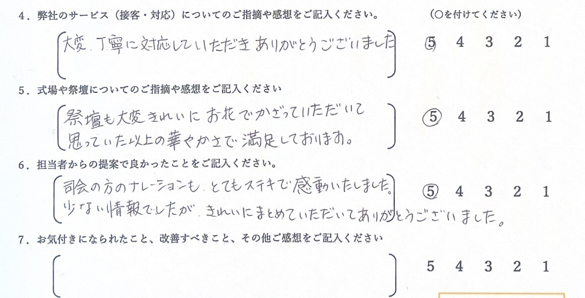 堺市立斎場にて家族葬を執り行い、穏やかな雰囲気の中で故人を見送るご家族の様子が伝わるアンケート