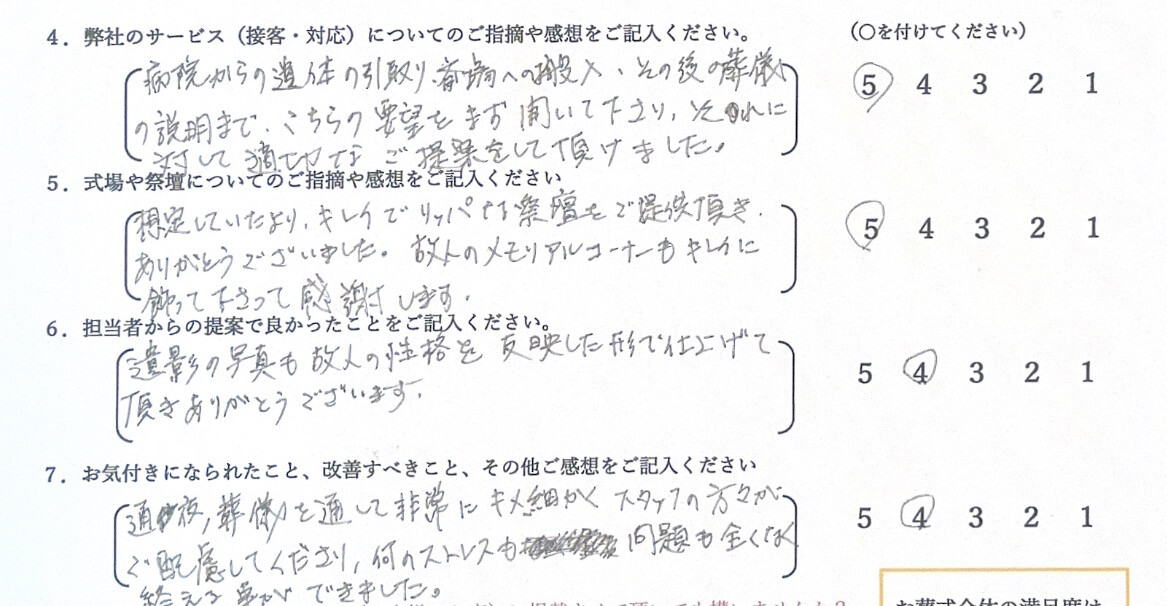 堺市立斎場で家族葬を執り行われたお客様からののアンケート画像。