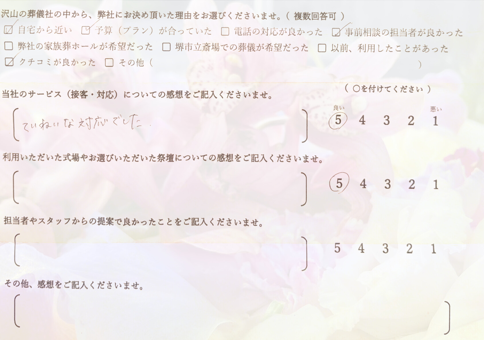 堺市で家族葬を行った稲満家のアンケートを紹介するHP用サムネイル画像。選ばれた理由と接客満足度が伝わります。