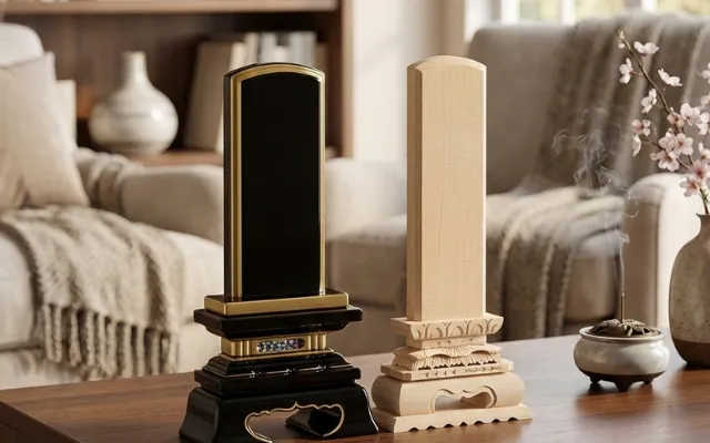 堺市で使用される白木位牌と塗り位牌の違いを、用途や意味とあわせて説明するイメージ