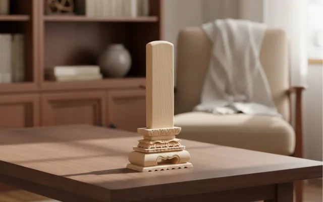 葬儀で使用される白木の位牌。戒名や没年月日が記された仮の位牌。