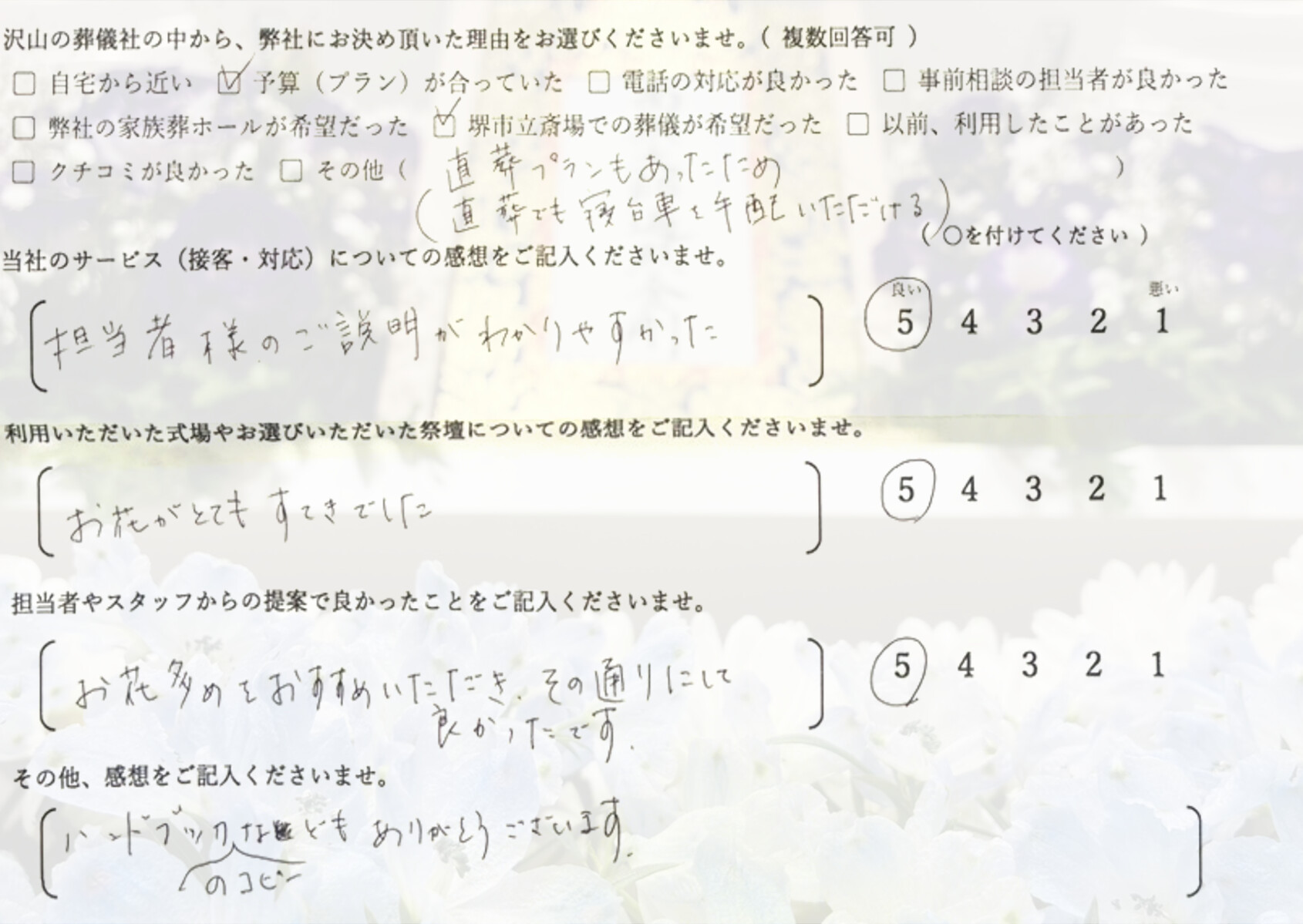 堺市南区で一日葬を行ったご家族から寄せられた、式の進行やスタッフ対応に関する感想を紹介する画像です。