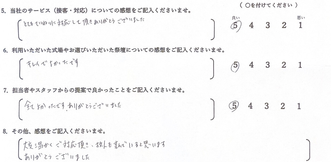 家族葬INORITEイノリテ堺斎場前ホールをご利用になられた1日葬のお客様からのアンケート