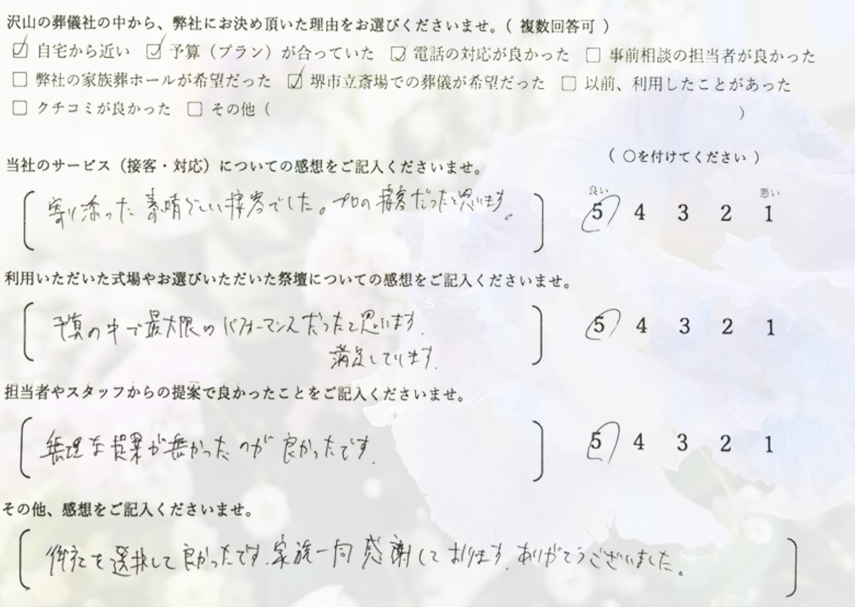 堺市北区で一日葬にて執り行なったご家族が静かに故人を見送り記載したアンケート