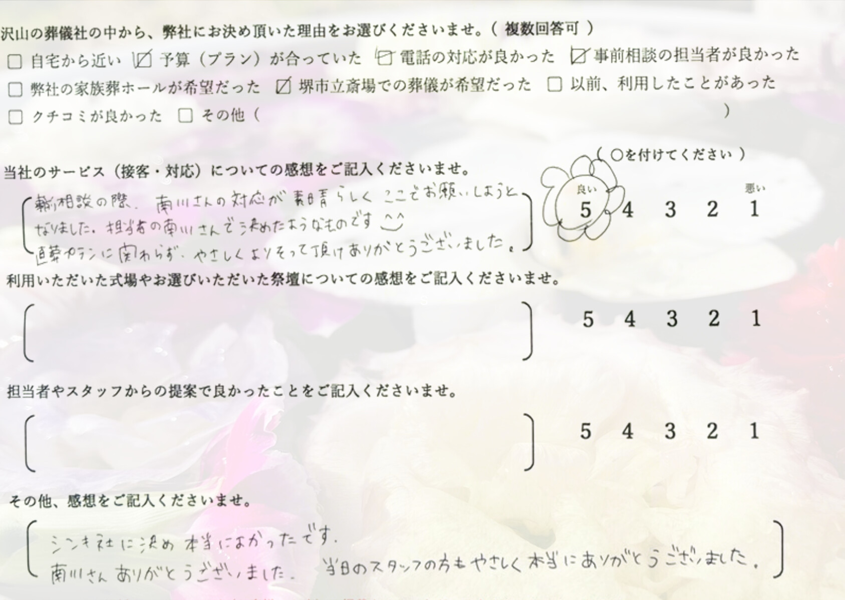 堺市堺区で直葬にて執り行なったご家族が静かに故人を見送り記載したアンケート
