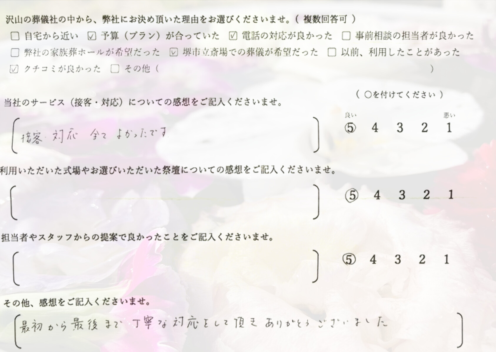 堺市堺区で直葬にて執り行なったご家族が静かに故人を見送り記載したアンケート