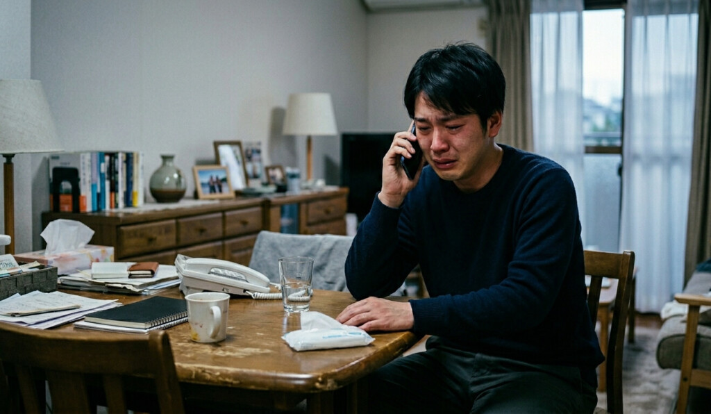 堺市の男性が親の急逝を職場の上司に説明しているイメージ