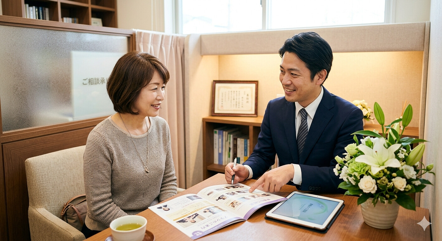 堺市で葬儀社を選ぶ際に、事前に確認しておきたいポイントを整理して解説するイメージ