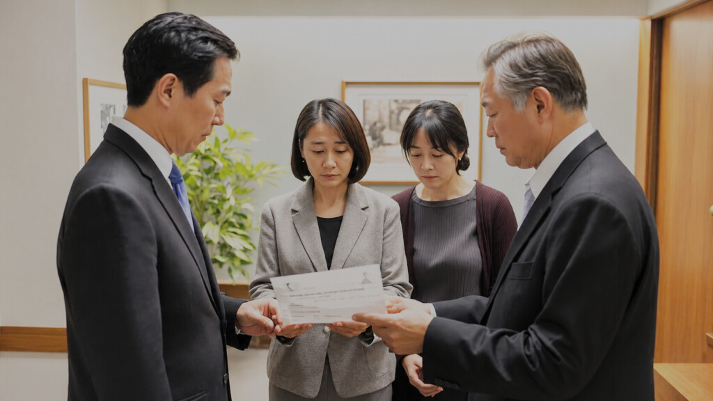 堺市の葬儀場をイメージした室内で、ご遺族が弔電を確認している様子を表現した画像