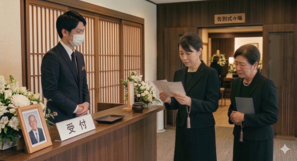 堺市の葬儀式場で、ご遺族が弔電を受け取り内容を確認している様子