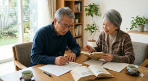 堺市の家族葬を見据え、老夫婦が辞典を広げながら戒名の候補を考えている終活の様子