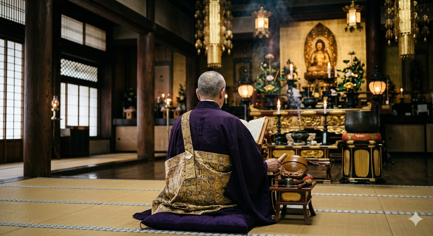堺市の葬儀会場で、住職が読経を行いながら故人を供養している家族葬の様子