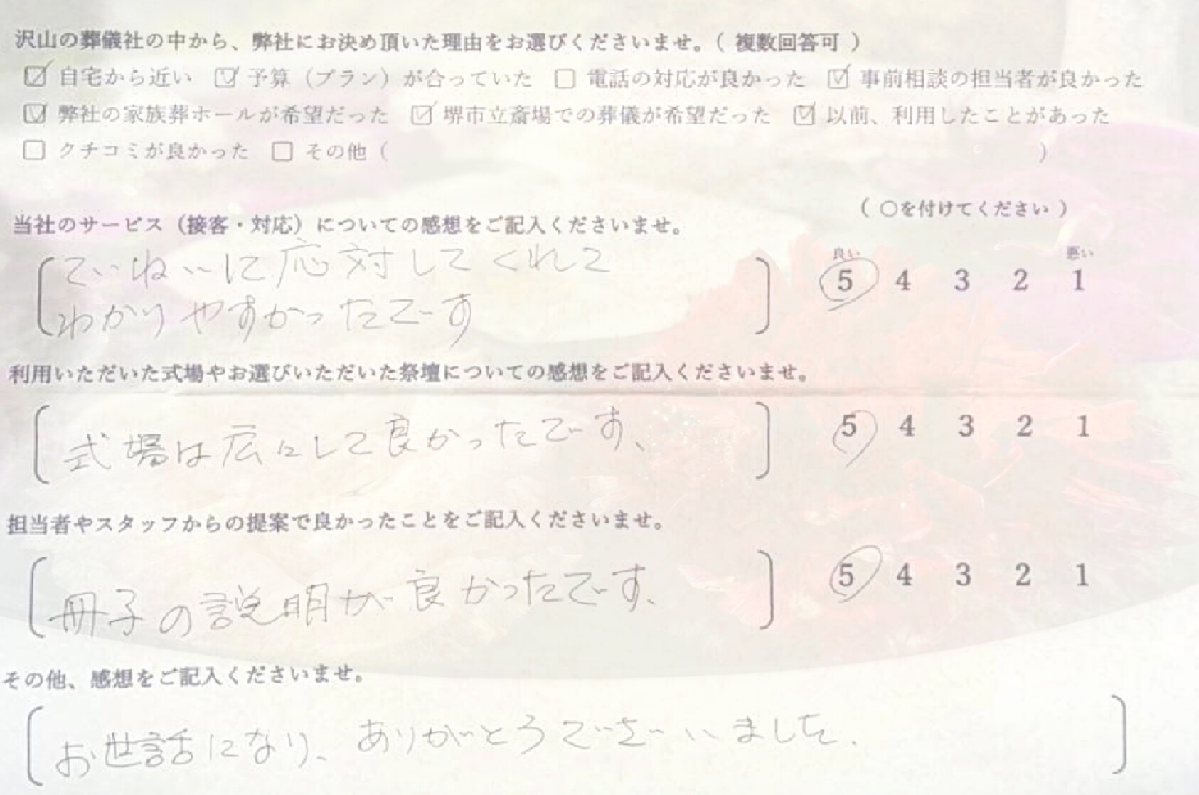 堺市堺区で直葬にて執り行なったご家族が静かに故人を見送り記載したアンケート