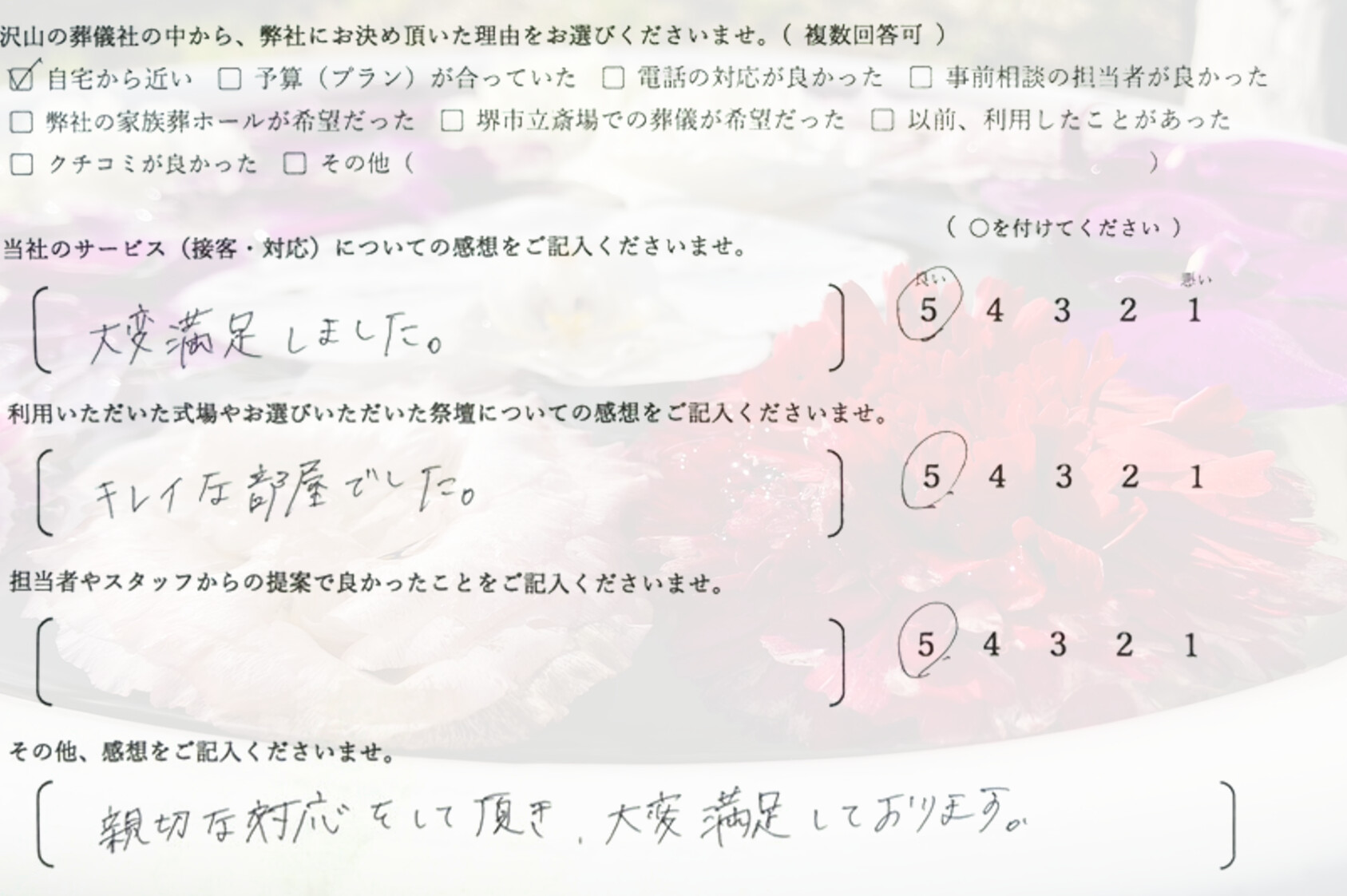 堺市北区で火葬式にて執り行なったご家族が静かに故人を見送り記載したアンケート