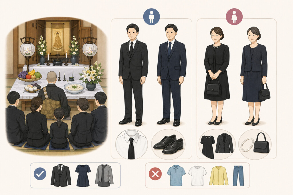 堺市で初盆を迎える際に、喪主やご家族、参列者が着用する適切な服装を分かりやすく示したイメージ