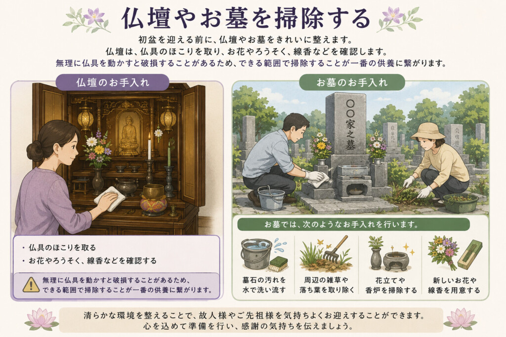 堺市で初盆や法要を迎える前に、仏壇やお墓を掃除し、供養の準備を整えている様子を表したイメージ