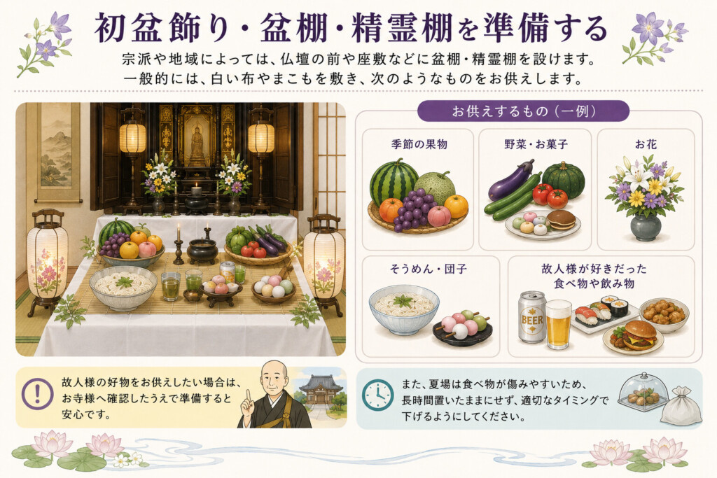 堺市で初盆を迎える方へ向けて、初盆飾りや盆棚、精霊棚を整え、お供え物を準備している様子を表したイメージ