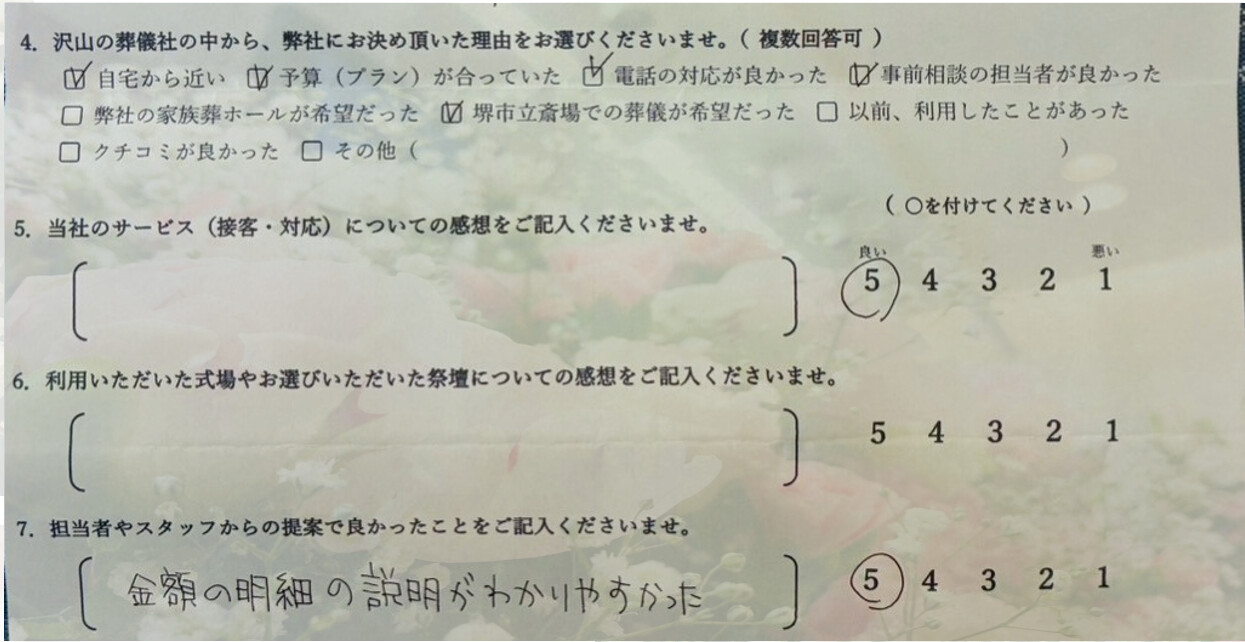 2026年7月21日に直葬をご利用いただいた二宮家様よりいただいたアンケート。「金額の明細の説明がわかりやすかった」とご評価いただいたお客様の声です。