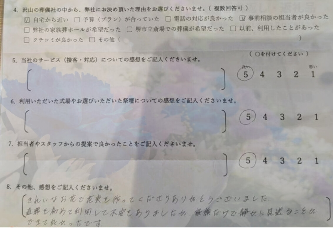 堺市で家族だけの葬儀を終えたご家族からいただいたアンケートです。