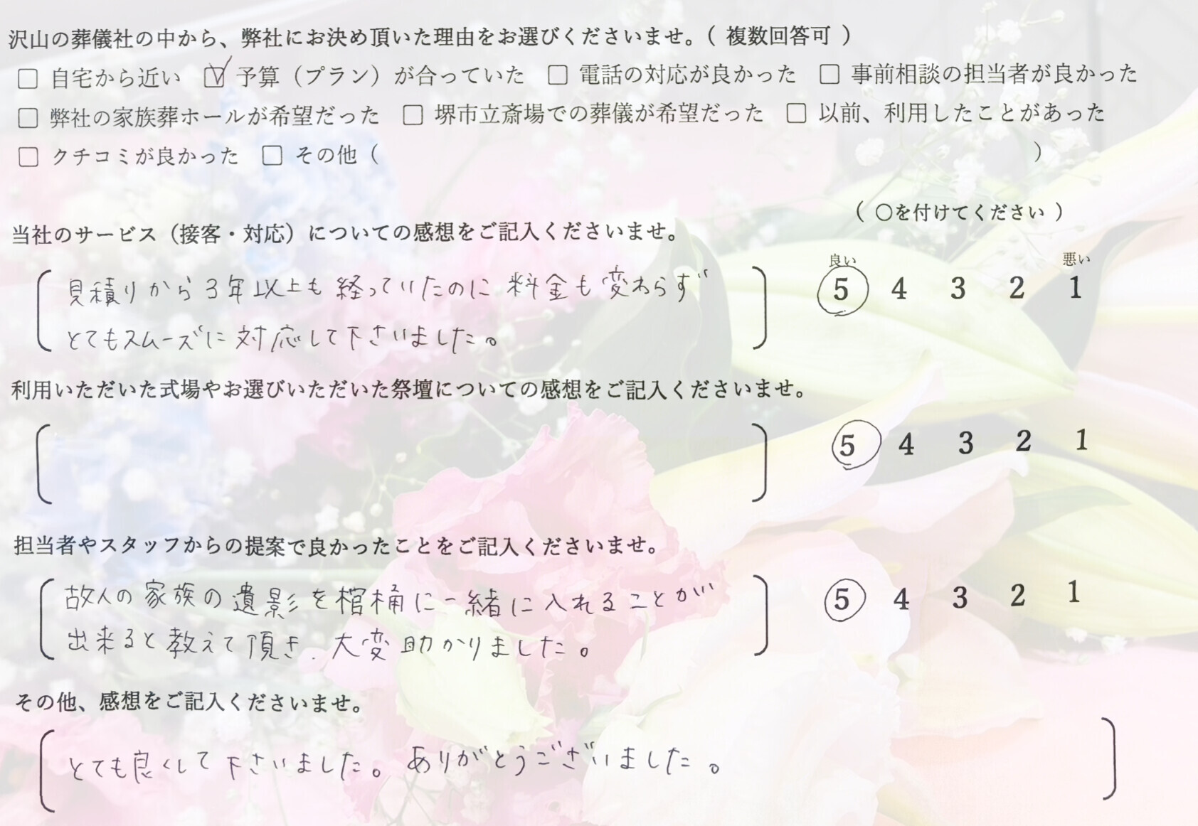 堺市美原区で火葬式にて執り行なったご家族が静かに故人を見送り記載したアンケート