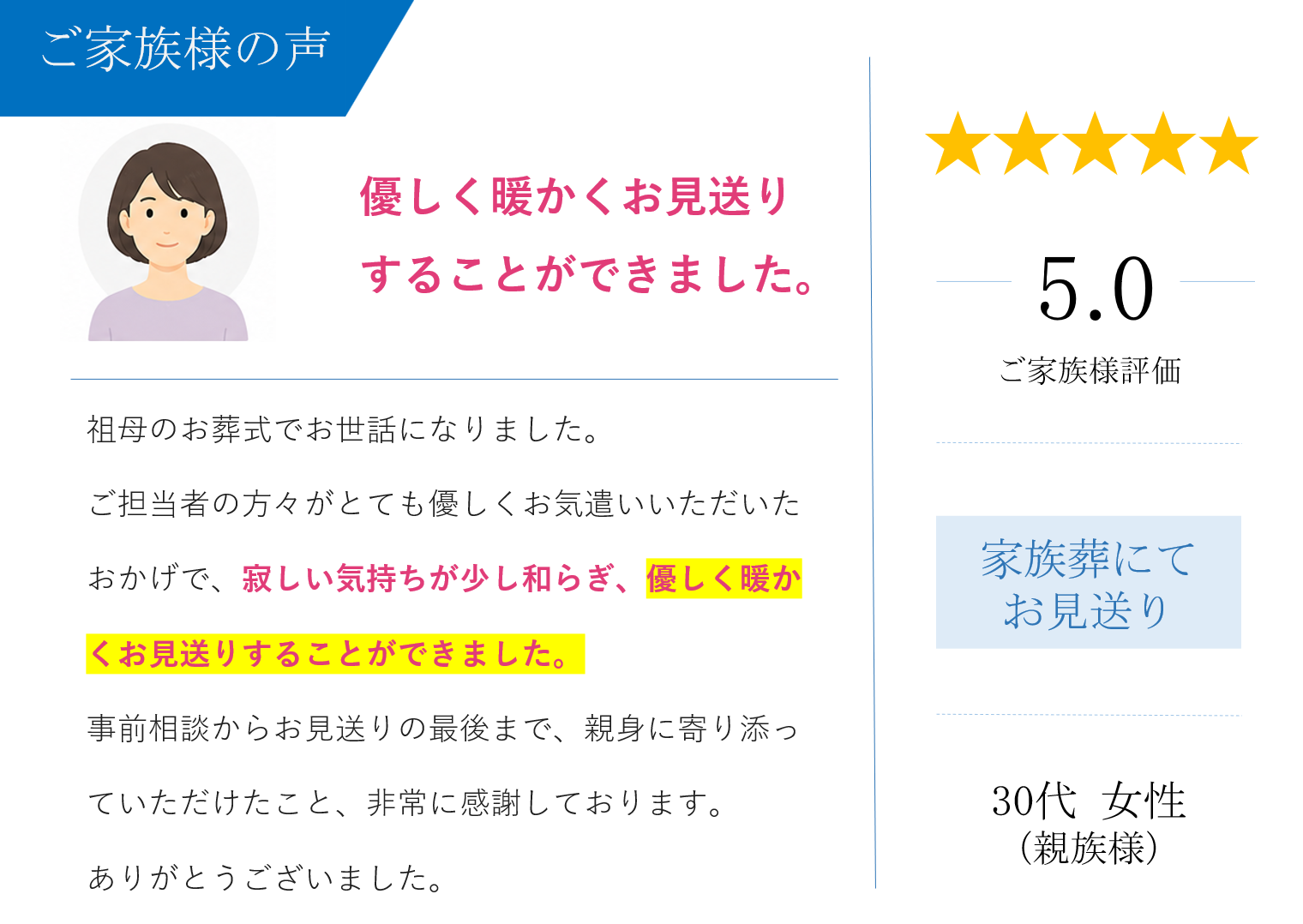 堺市での家族葬を振り返り、担当者の親身な対応によって祖母を優しく暖かく見送れたと語る30代女性のご家族様の声と評価5.0